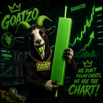 GOATZO goat holding a green chart candle